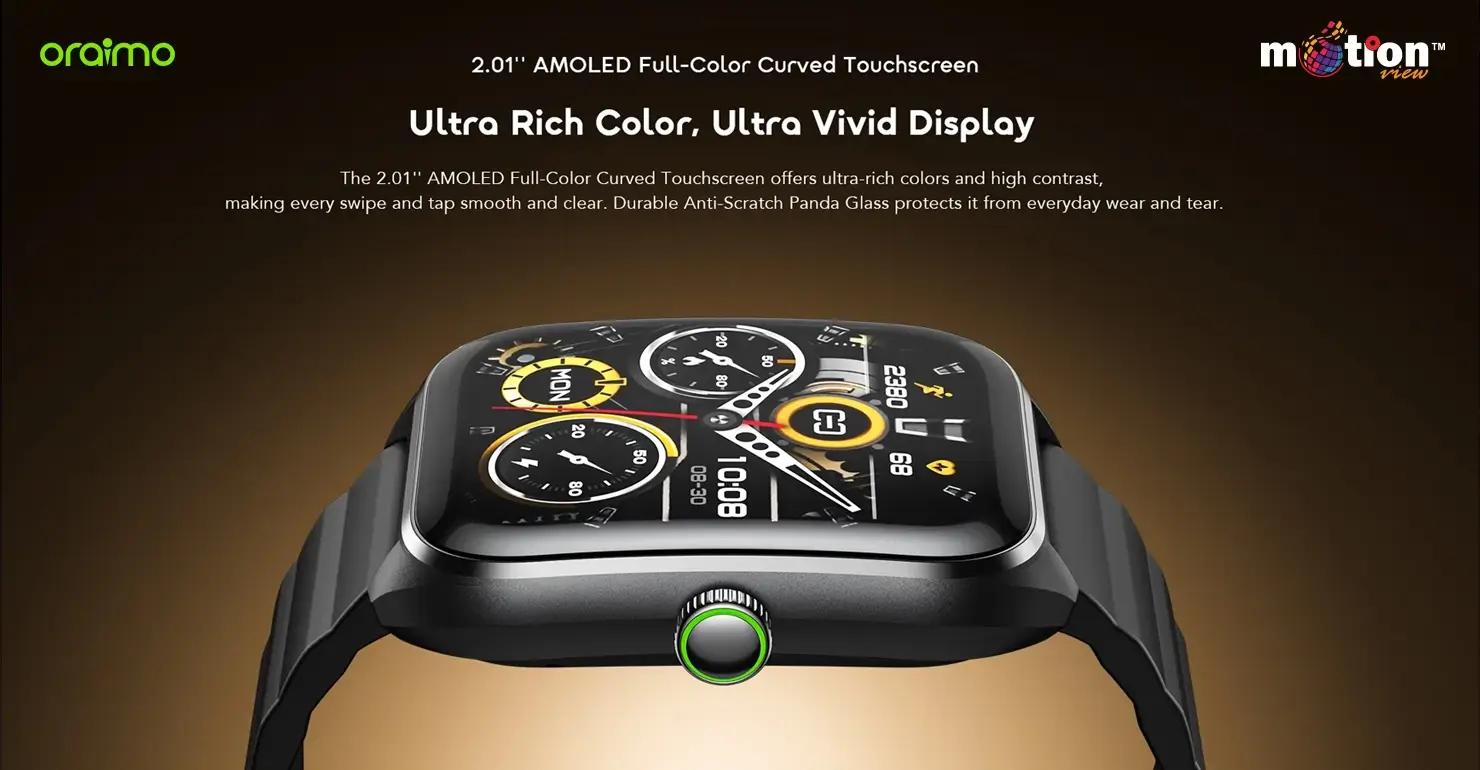 Close-up of the oraimo Watch Nova 2 displaying its 2.01-inch AMOLED full-color curved touchscreen with ultra-vivid graphics.
