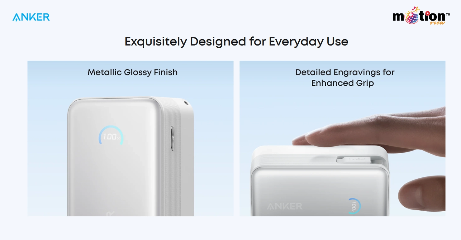 Close-up of Anker Nano power bank featuring a metallic glossy finish and detailed engravings for enhanced grip.