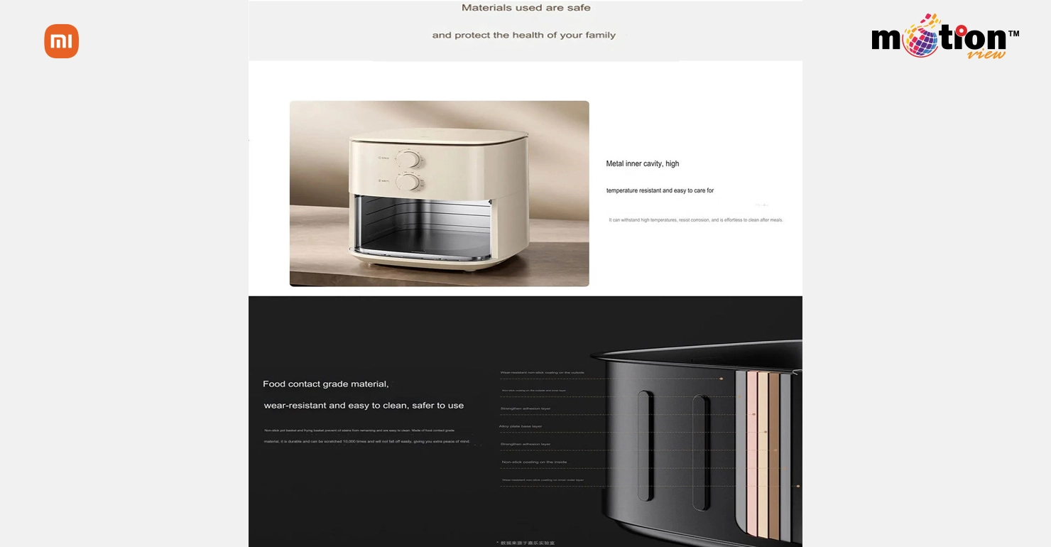 Material details of Xiaomi Mijia N1 Air Fryer (MAF11) featuring a metal inner cavity and food contact grade wear-resistant coating.