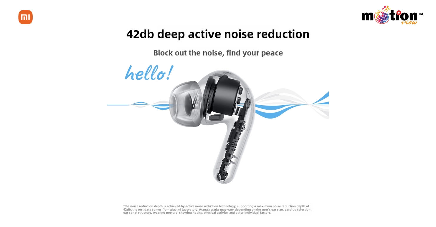 Internal view of Xiaomi Redmi Buds 8 Youth Edition showcasing 42dB deep active noise reduction technology.