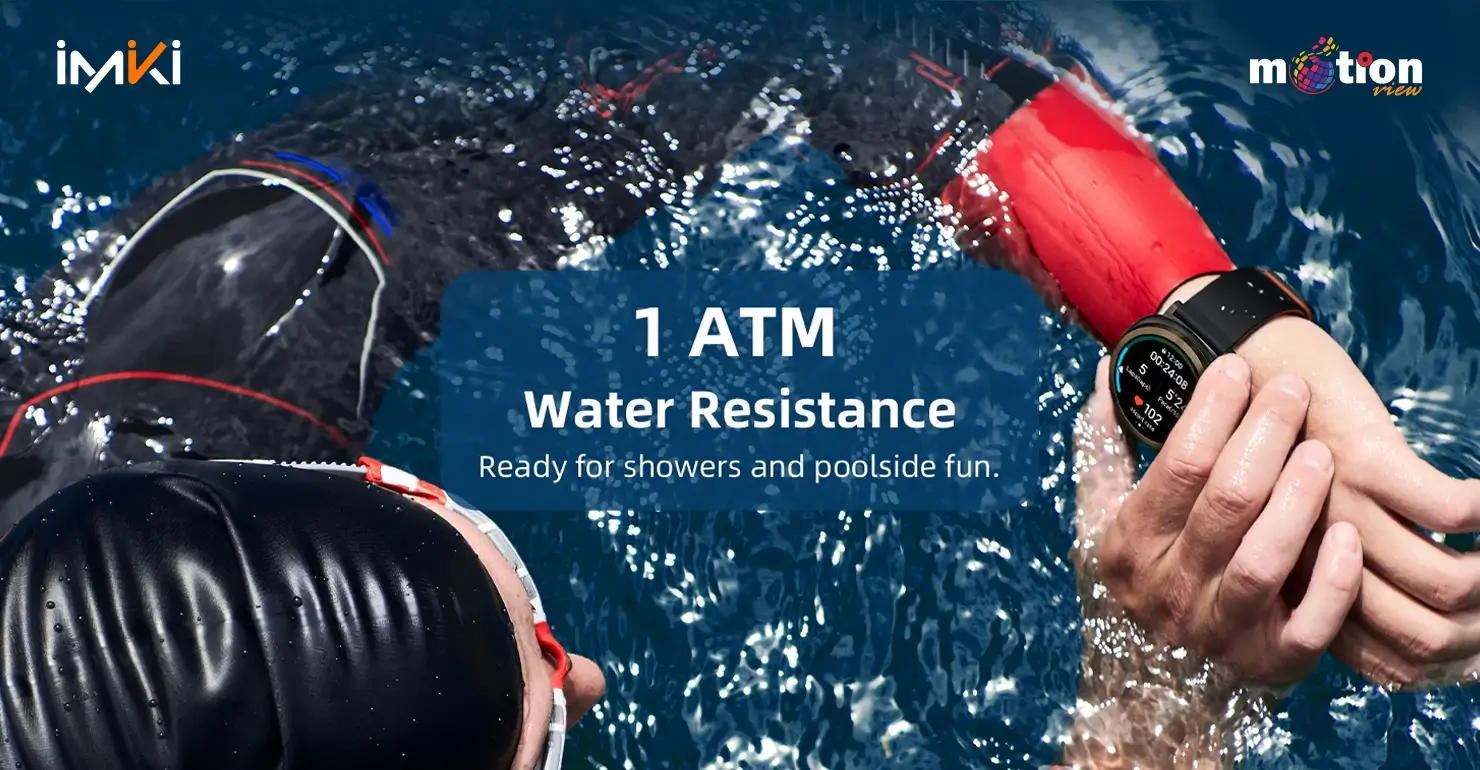 Person swimming while wearing the imiki HOLO 2 smartwatch, highlighting its 1 ATM water resistance