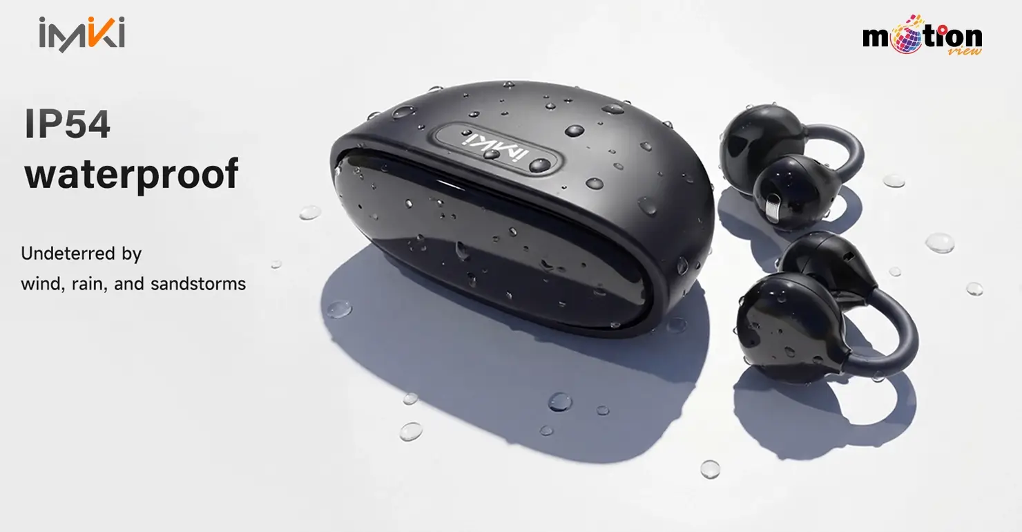 Imiki SP2 earbuds and charging case with water droplets highlighting IP54 waterproof and dustproof rating.