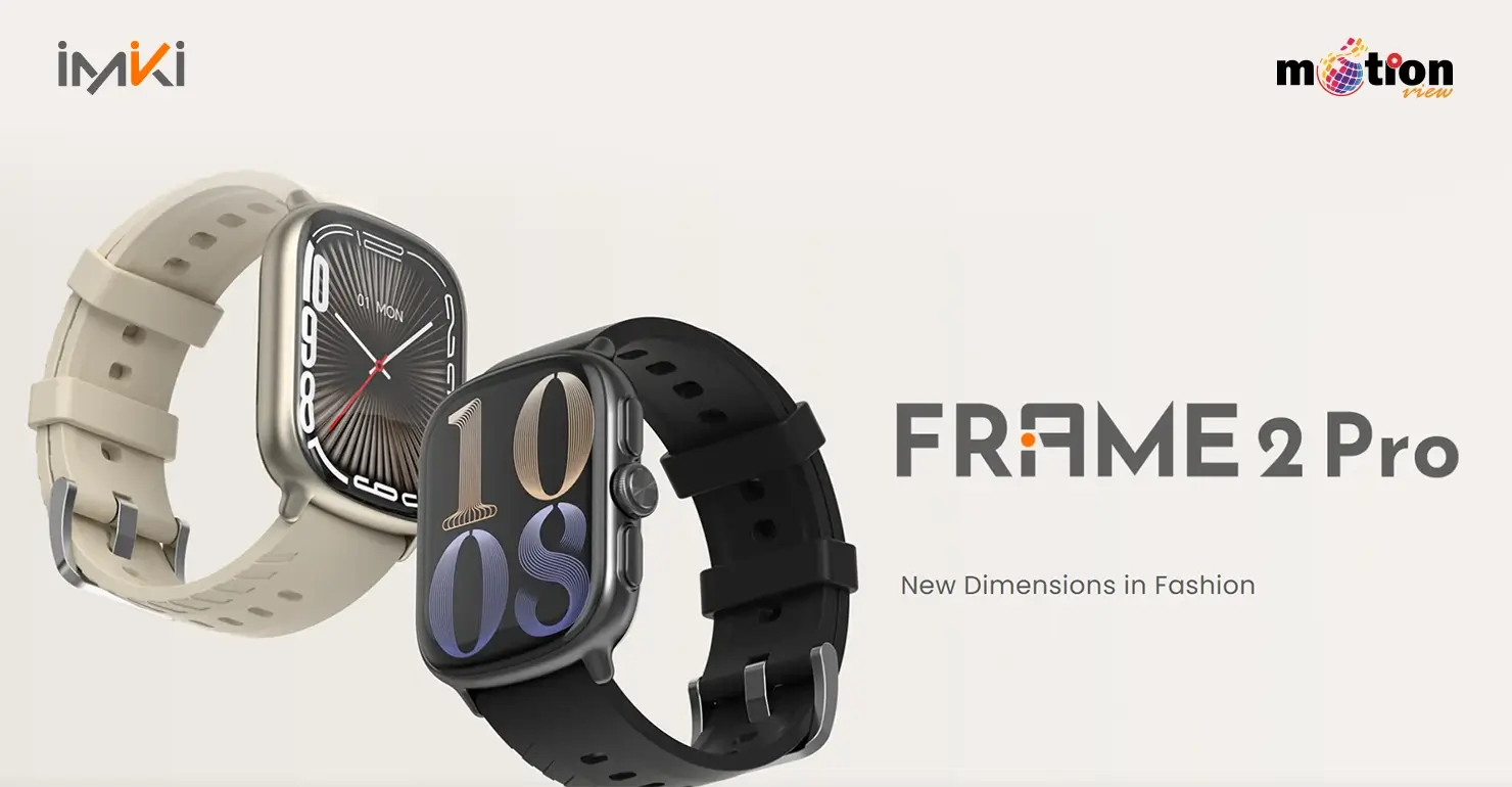 imiki Frame 2 Pro smartwatches in beige and black showcasing stylish watch faces
