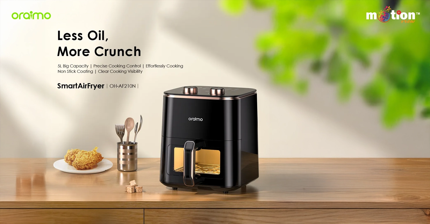 Oraimo SmartAirFryer 5L OH-AF210N in black with gold accents, featuring a clear cooking visibility window on a wooden countertop.