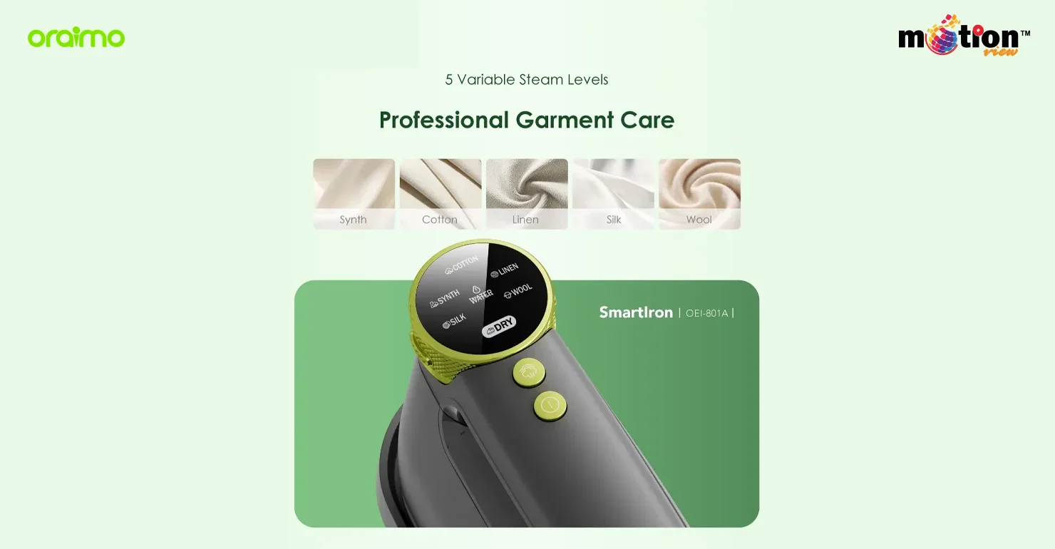Close-up of the control dial on the oraimo SmartIron 1740W Portable Electric Iron, displaying 5 variable steam settings tailored for professional garment care on synthetic, cotton, linen, silk, and wool fabrics.