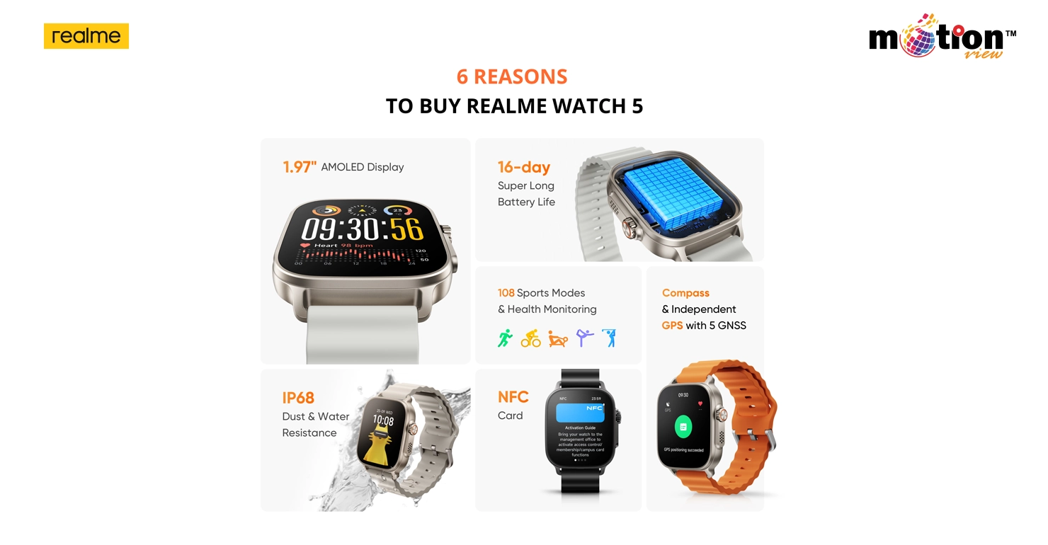 Key features of realme Watch 5 including 1.43-inch AMOLED and Bluetooth calling.