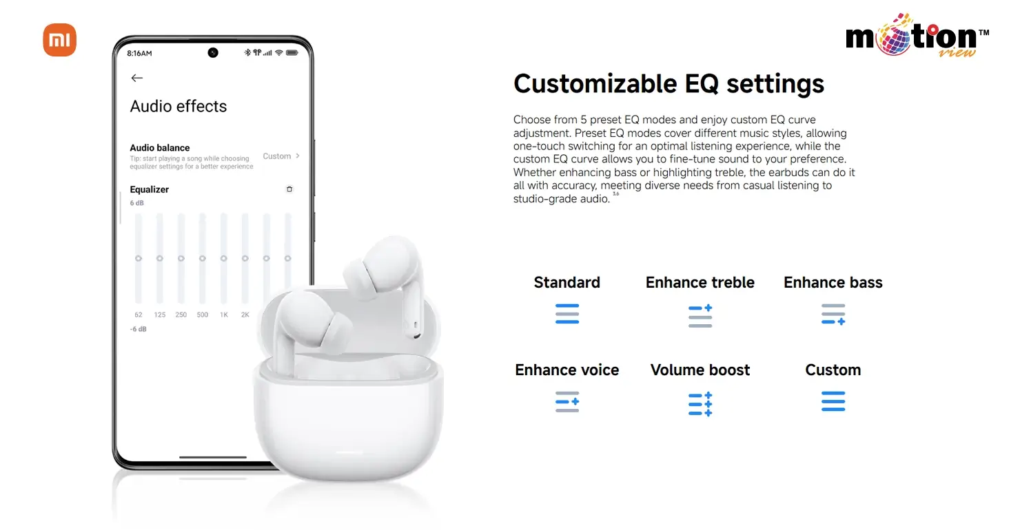 Customizable EQ settings and audio effects interface for REDMI Buds 8 Lite on a smartphone.