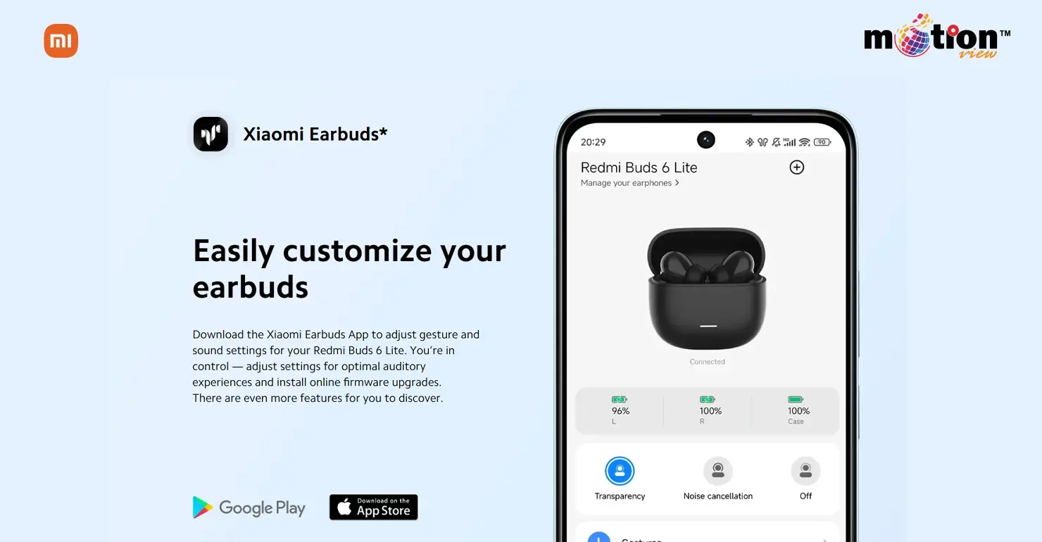 Customizing Redmi Buds 6 Lite gesture and sound settings through the Xiaomi Earbuds App on a smartphone.