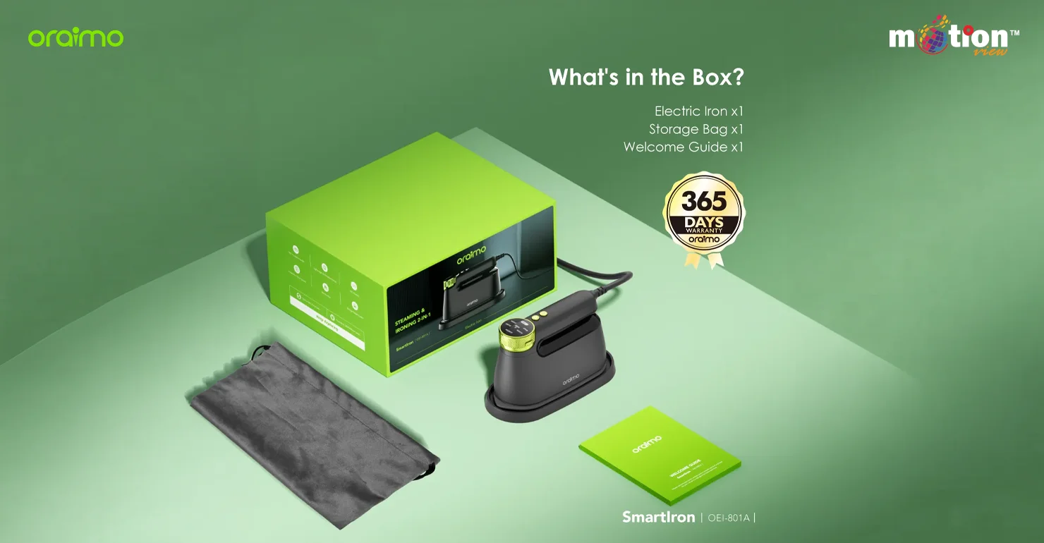 Unboxing layout of the oraimo SmartIron 1740W Portable Electric Iron, featuring the iron, green branded packaging, a grey storage bag, welcome guide, and a 365-day warranty badge.