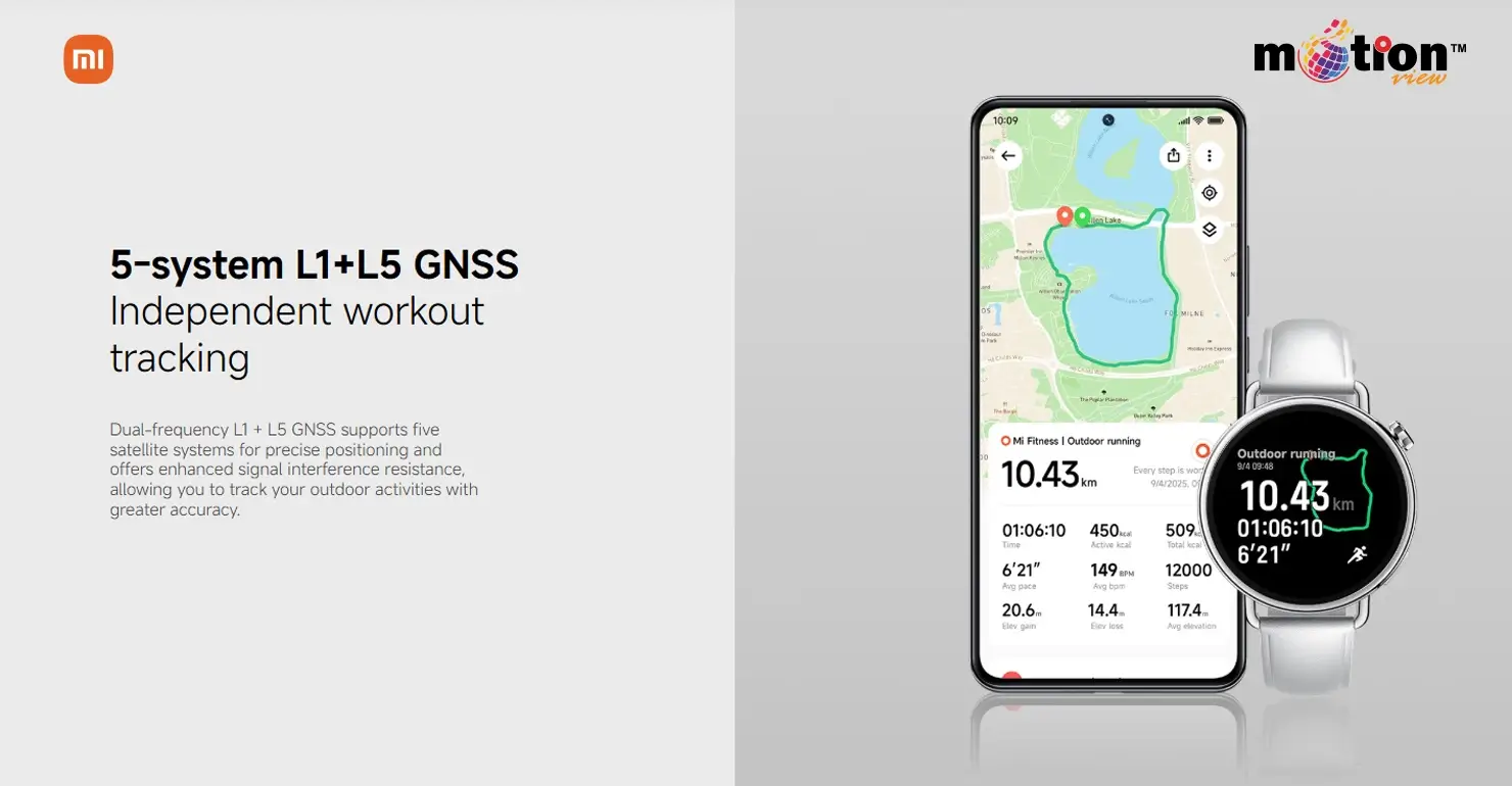 Independent 5-system L1+L5 GNSS workout tracking on Xiaomi Watch S4 41mm Smart Watch with Mi Fitness map route.