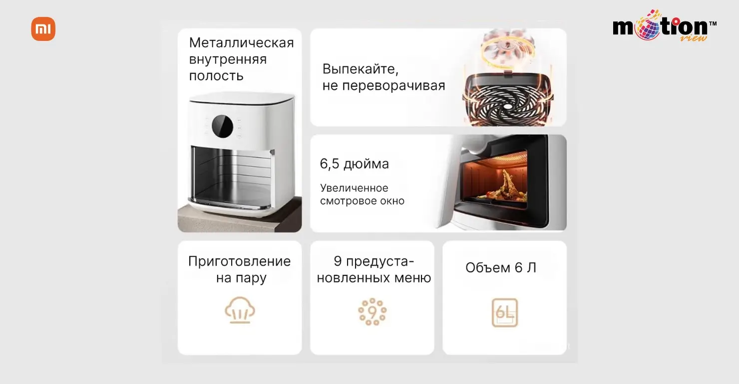 Key features of Mijia Smart Air Fryer S1 6L including 6.5-inch viewing window and 9 preset menus.