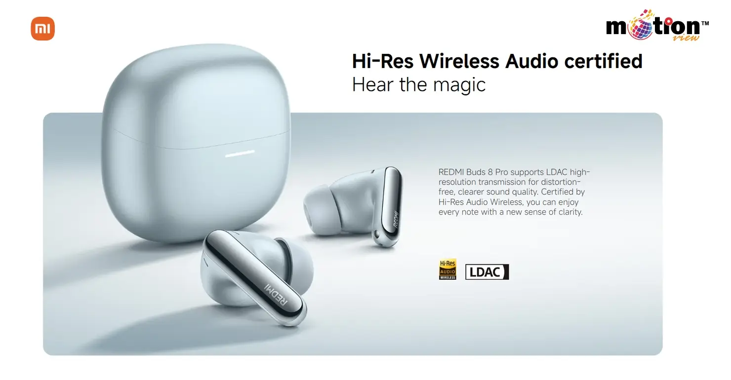 REDMI Buds 8 Pro earbuds and charging case highlighting Hi-Res Wireless Audio certification and LDAC high-resolution transmission.