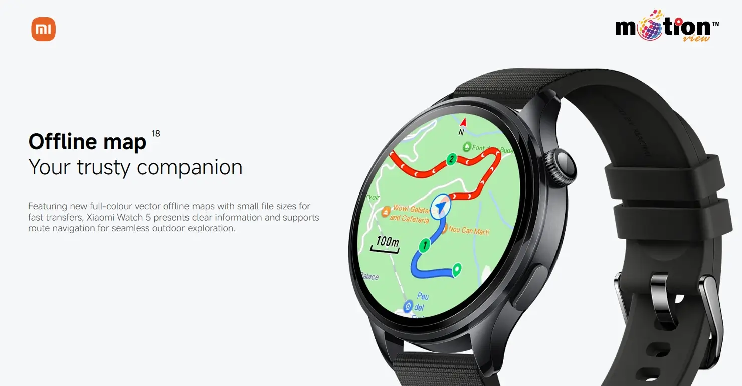 Xiaomi Watch 5 circular display showing full-color vector offline maps and route navigation for outdoor exploration.