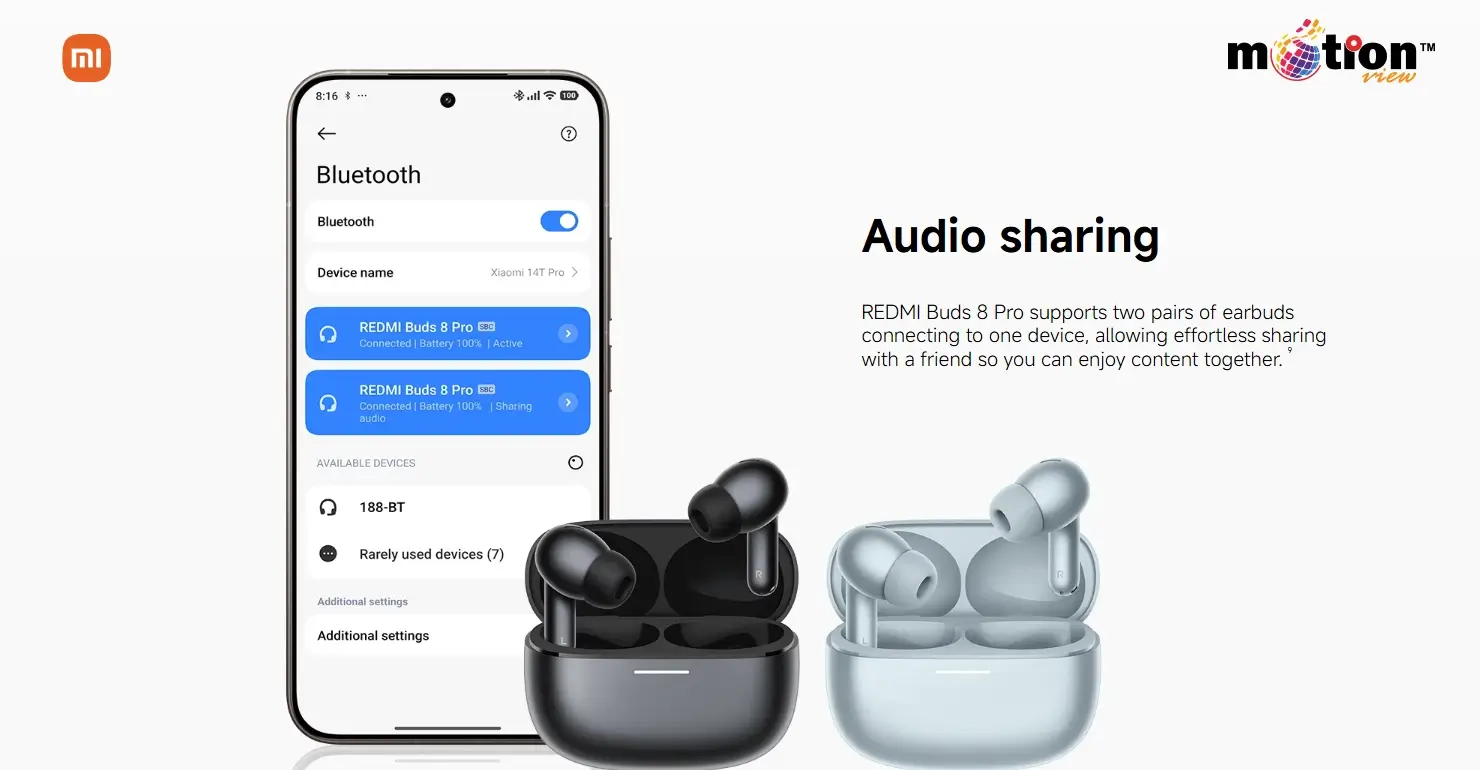 Smartphone screen demonstrating the REDMI Buds 8 Pro audio sharing feature between two pairs of earbuds.