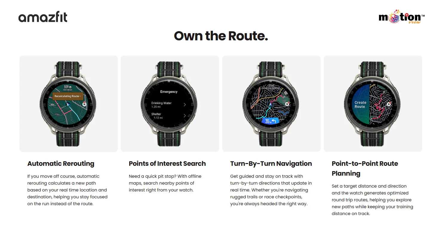 Automatic rerouting and point-to-point route planning features on Amazfit Cheetah 2 Pro