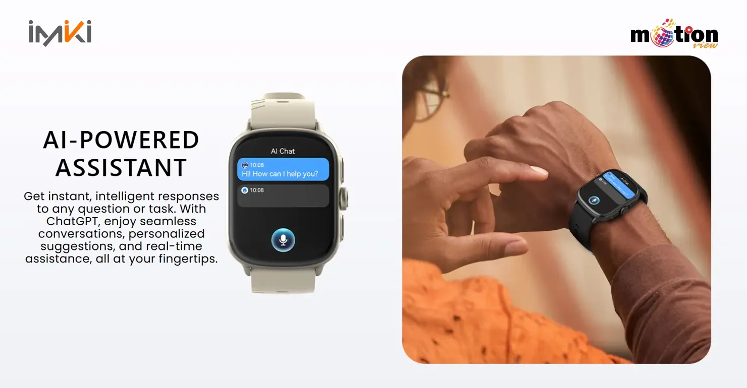 Person using the AI-powered ChatGPT voice assistant on the imiki Frame 2 Pro smartwatch