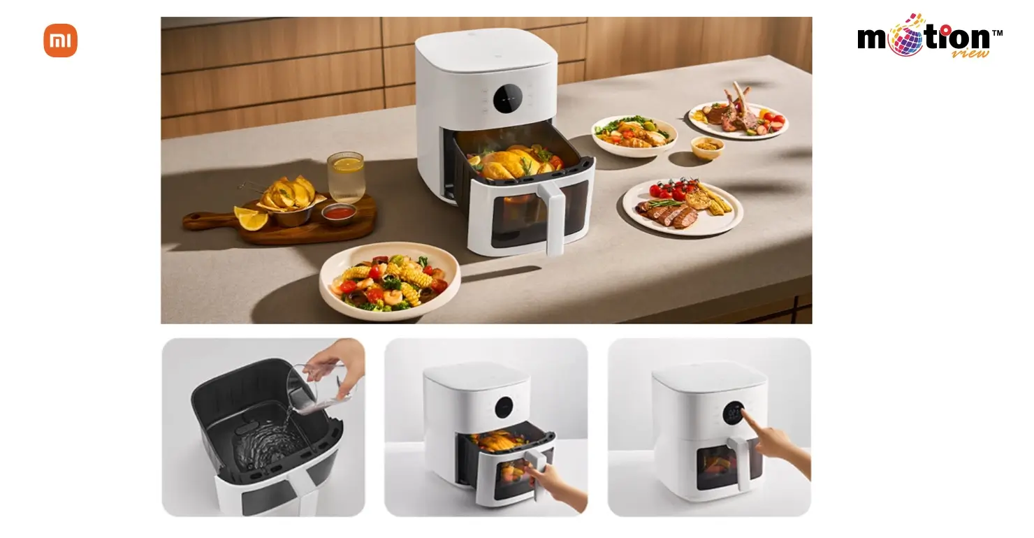 Xiaomi Mijia Smart Air Fryer S1 cooking a whole chicken, highlighting the large 6L capacity.