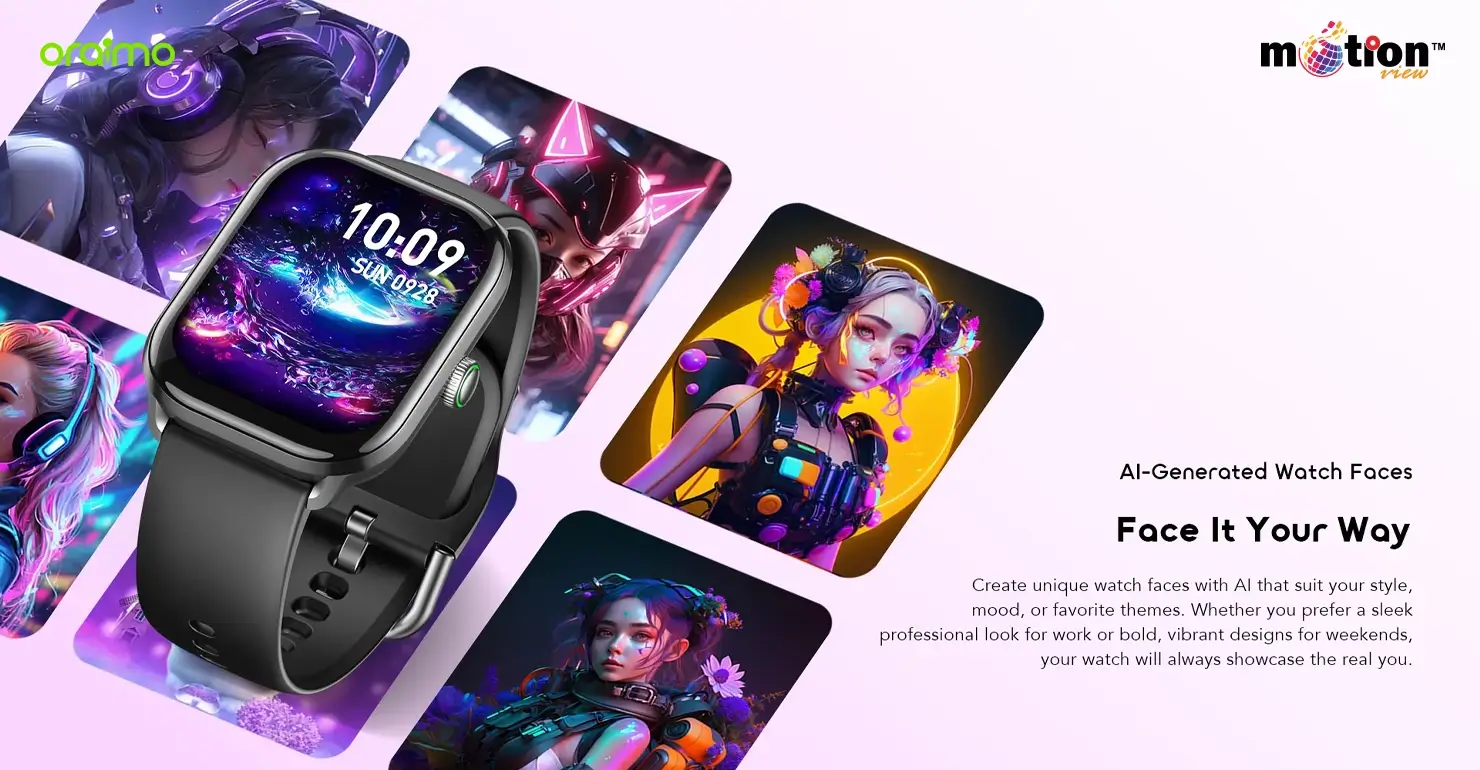Examples of vibrant, personalized AI-generated watch faces available for the oraimo Watch 6 Lite OSW-809 smartwatch