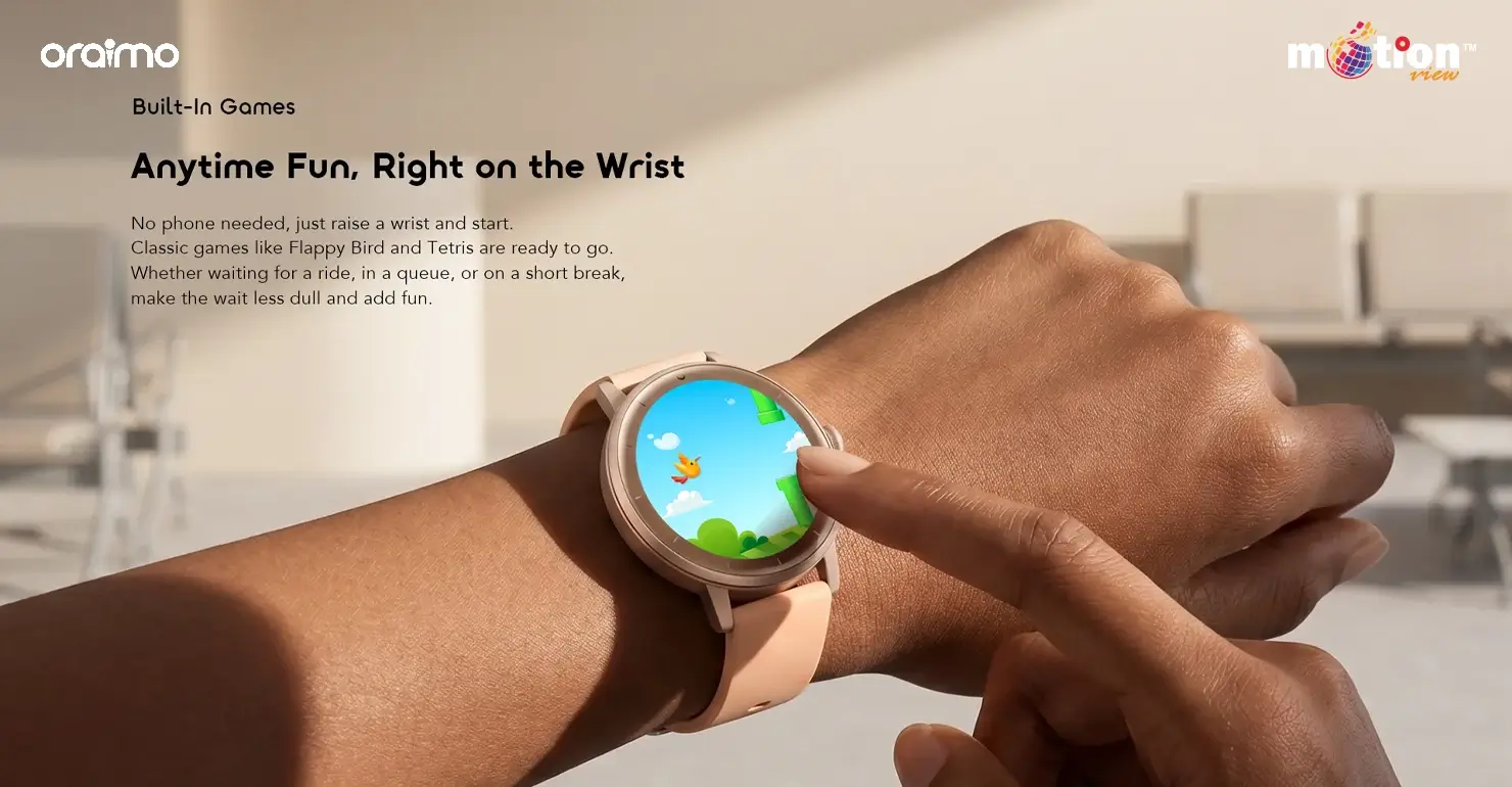 Close-up of a person's wrist playing a built-in game directly on the Oraimo Watch Muse 2 Lite display.