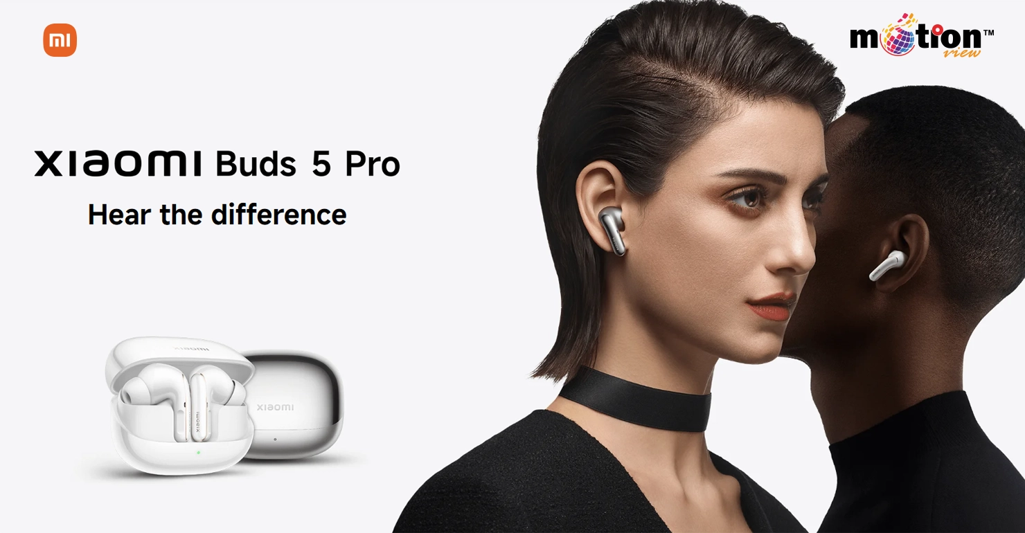 Xiaomi Buds 5 Pro wireless earbuds in silver and white with lifestyle models highlighting the sleek design.