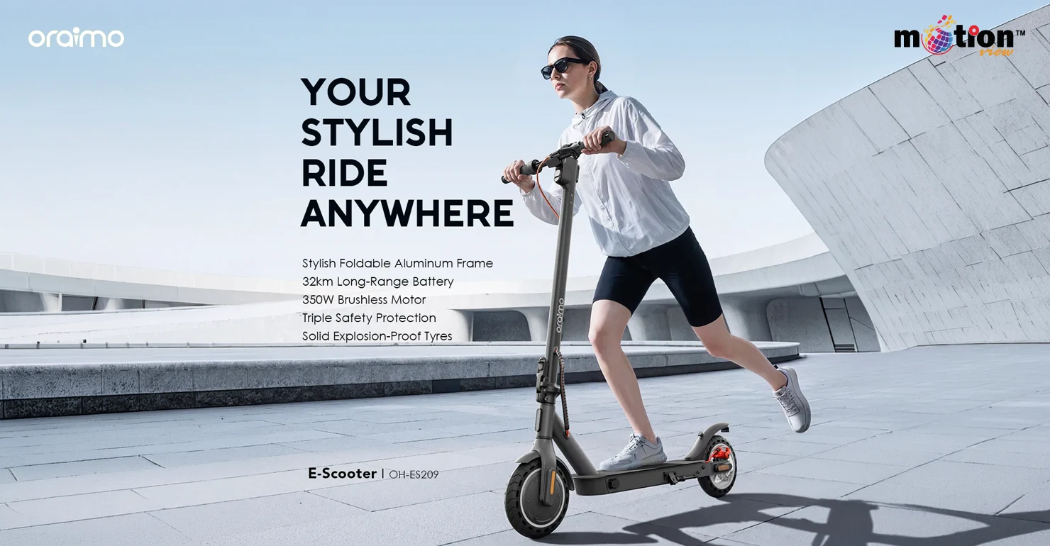 Woman riding the oraimo E-Scooter outdoors, highlighting its 32km range, foldable aluminum frame, and 350W motor.
