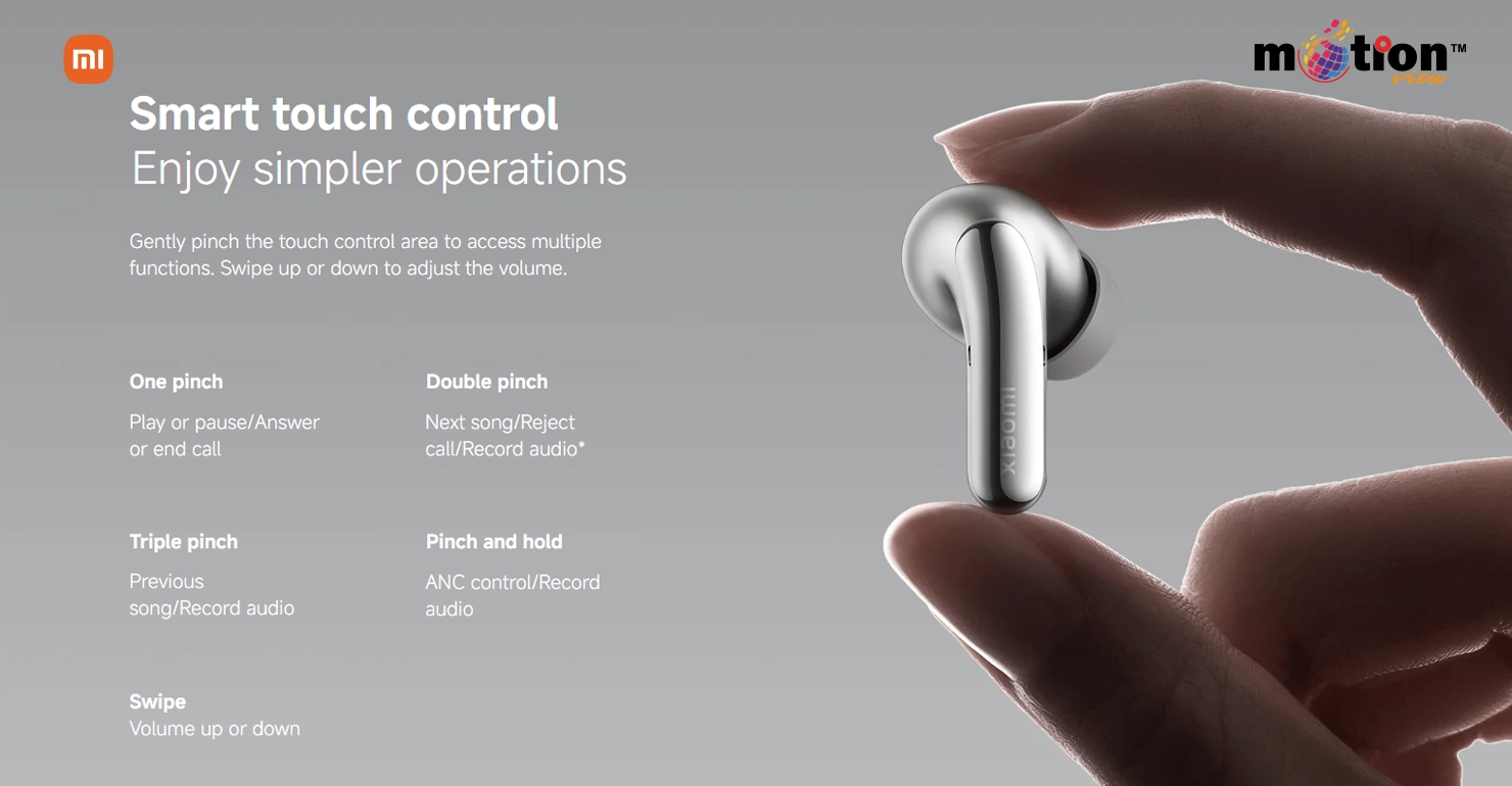 Xiaomi Buds 5 Pro white model battery details showing 40 hours total playback and Qi wireless charging support.