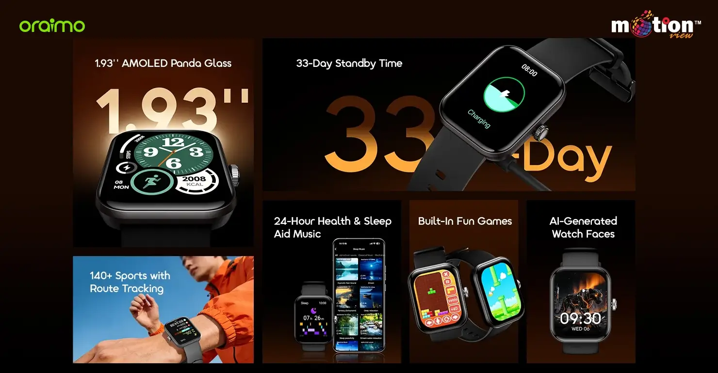 Key features of the oraimo Watch Nova 2N OSW-815N including 33-day standby, 1.93-inch AMOLED screen, route tracking, and health monitors