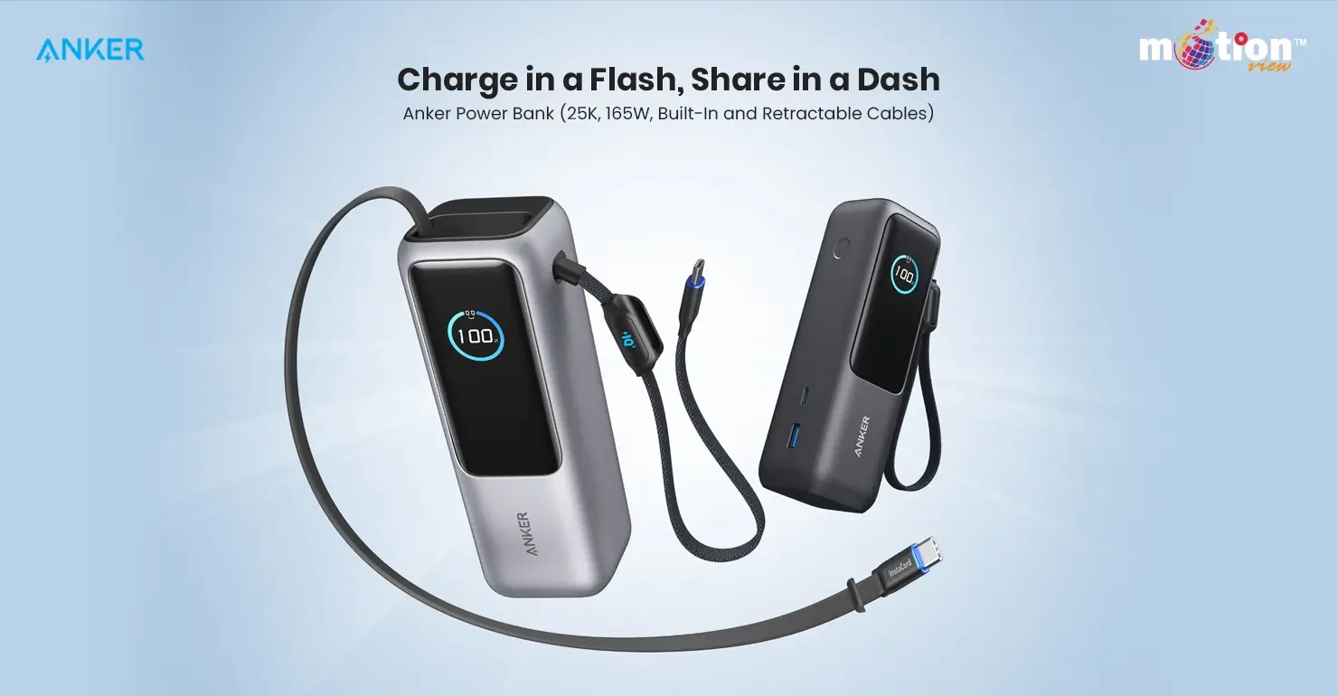 Anker 25K 165W Power Bank Overview: Anker 25K 165W power bank featuring a built-in retractable USB-C cable and smart digital display.