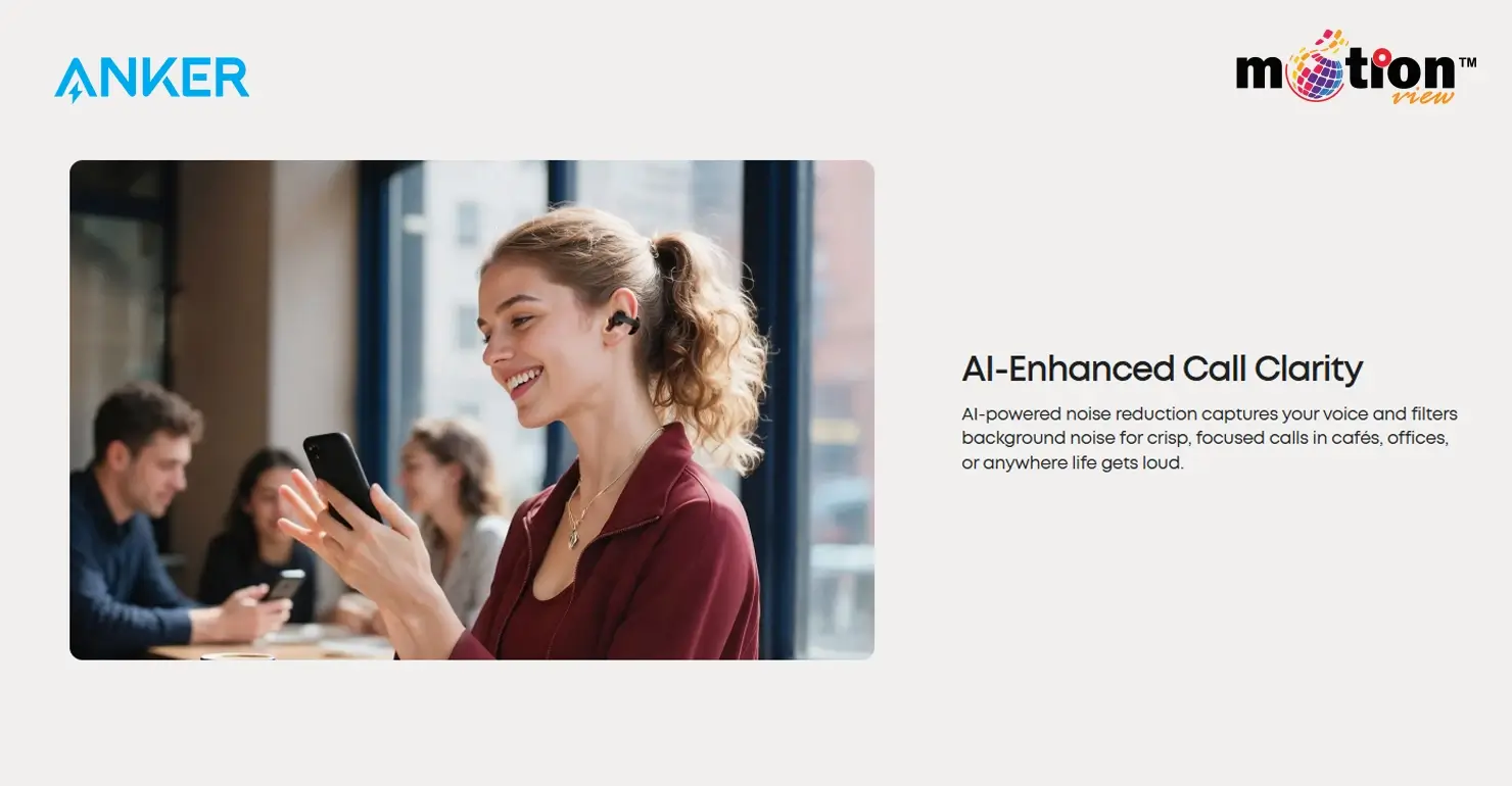 Woman using Soundcore C50i earbuds in a busy cafe highlighting AI-enhanced call clarity