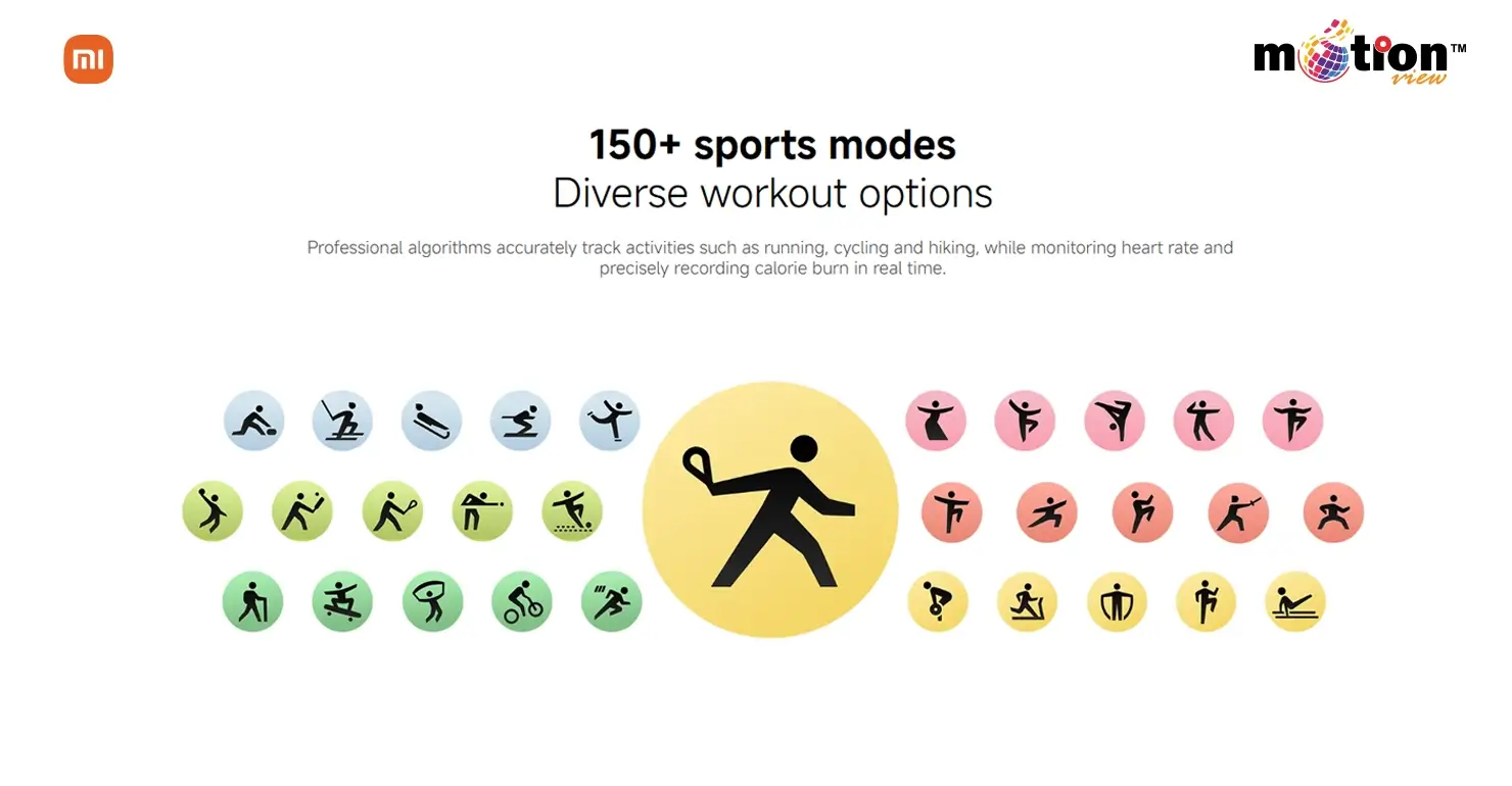 Xiaomi Watch 5 supporting over 150 sports modes with professional algorithms for running, cycling, and hiking.