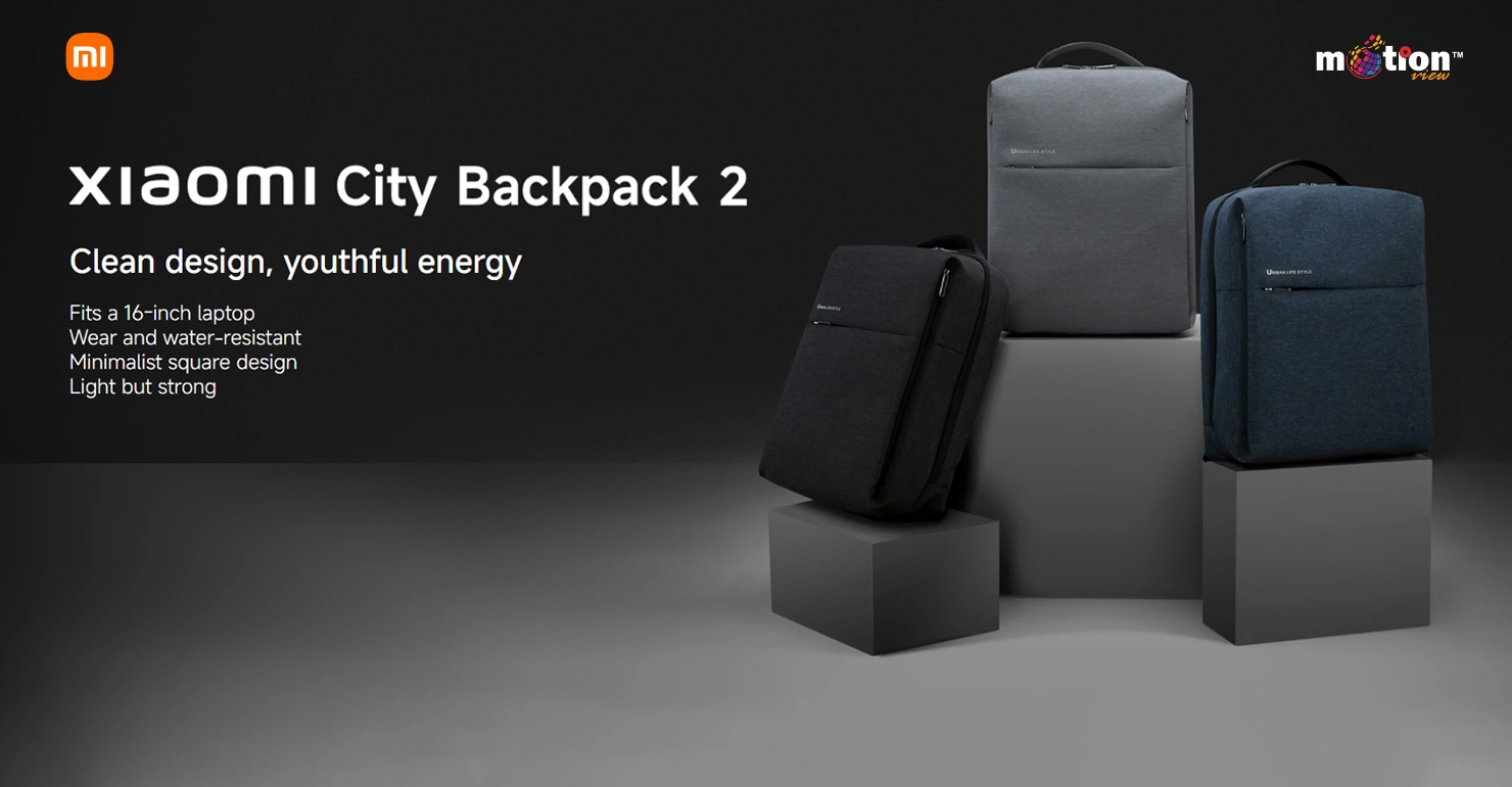 Xiaomi City Backpack 2 in black, light grey, and dark blue, highlighting its clean, minimalist square design.