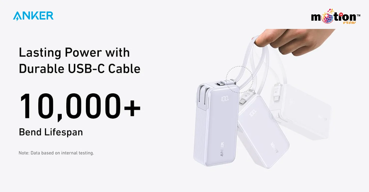 Hand swinging the Anker 10K Fusion Power Bank by its integrated USB-C lanyard cable, highlighting its durable 10,000-plus bend lifespan