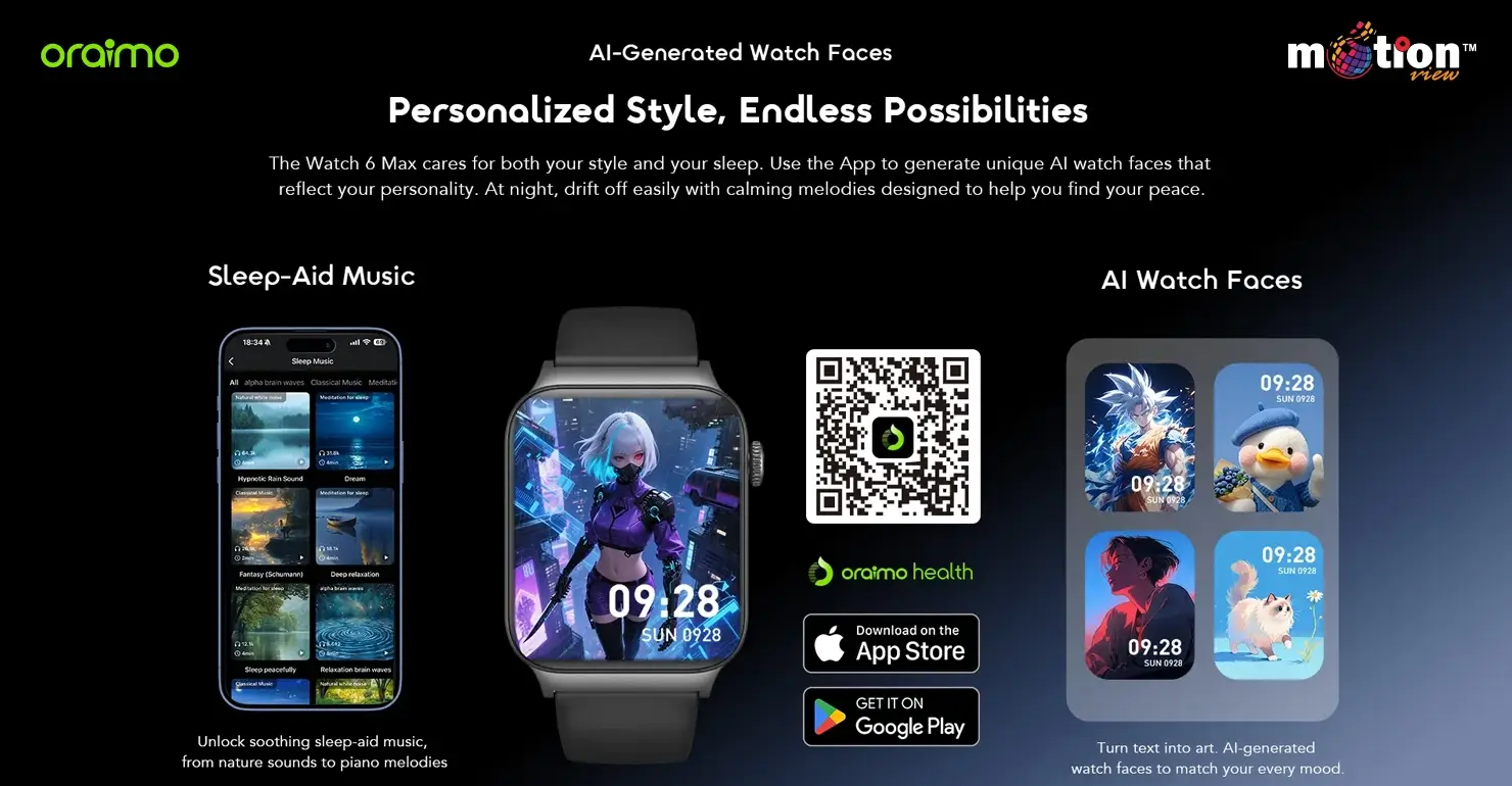 Personalization features of the oraimo Watch 6 Max OSW-8001N showing AI-generated watch faces and sleep-aid music via the companion app
