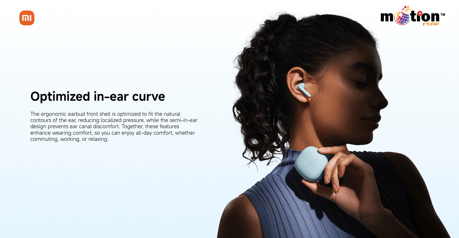 Ergonomic optimized in-ear curve design of Redmi Buds 8 Active for all-day wearing comfort and reduced pressure.