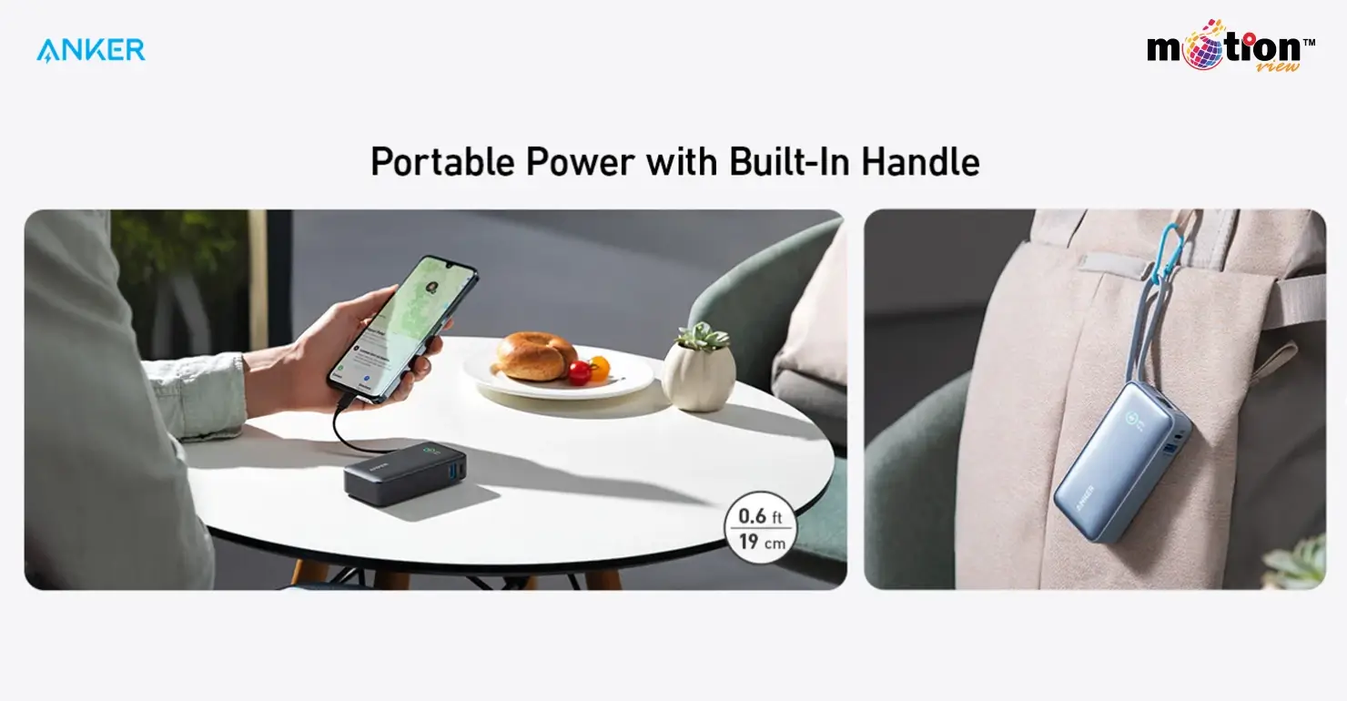 Anker Nano Power Bank used to charge a smartphone on a table and hanging from a backpack using its built-in handle cable.