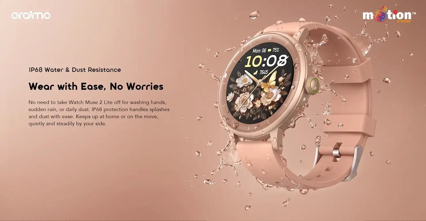 Water splashing around the IP68 water and dust resistant Oraimo Watch Muse 2 Lite.