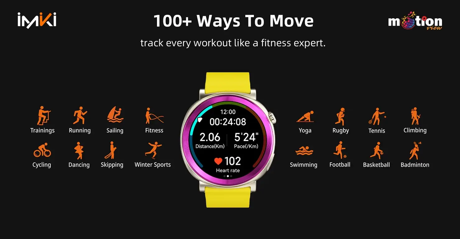 imiki HOLO 2 smartwatch displaying a workout timer surrounded by icons for 100+ different sports modes