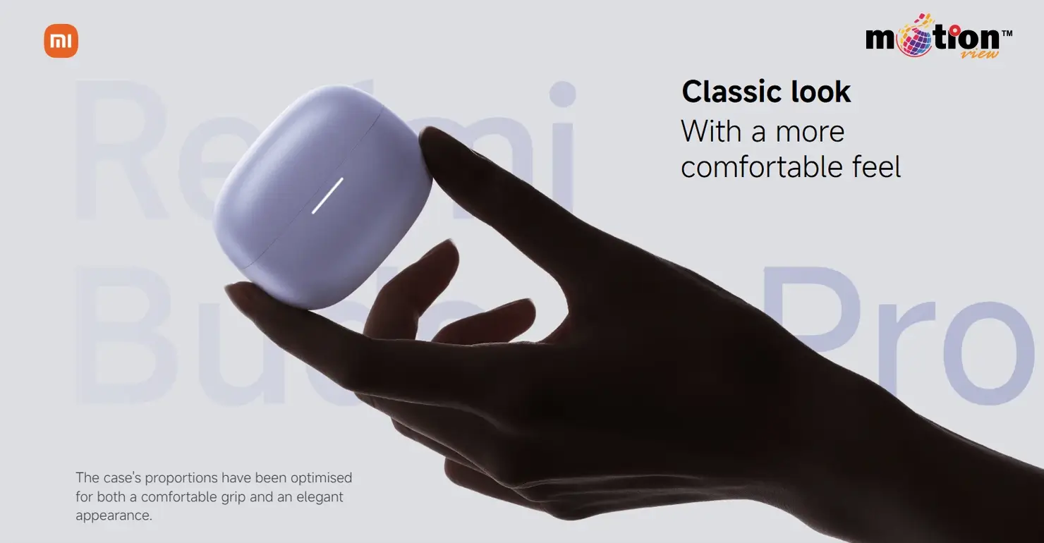 Close-up of the ergonomically designed Redmi Buds 6 Pro charging case in light purple.