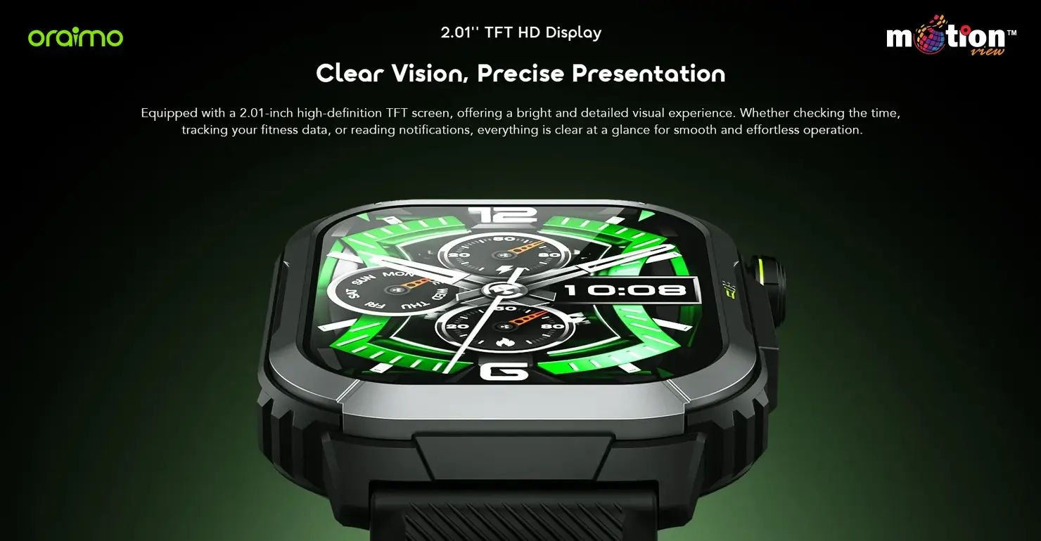 Close-up of the 2.01-inch TFT HD display on the oraimo Watch Lumos N OSW-808N showing a vibrant green watch face