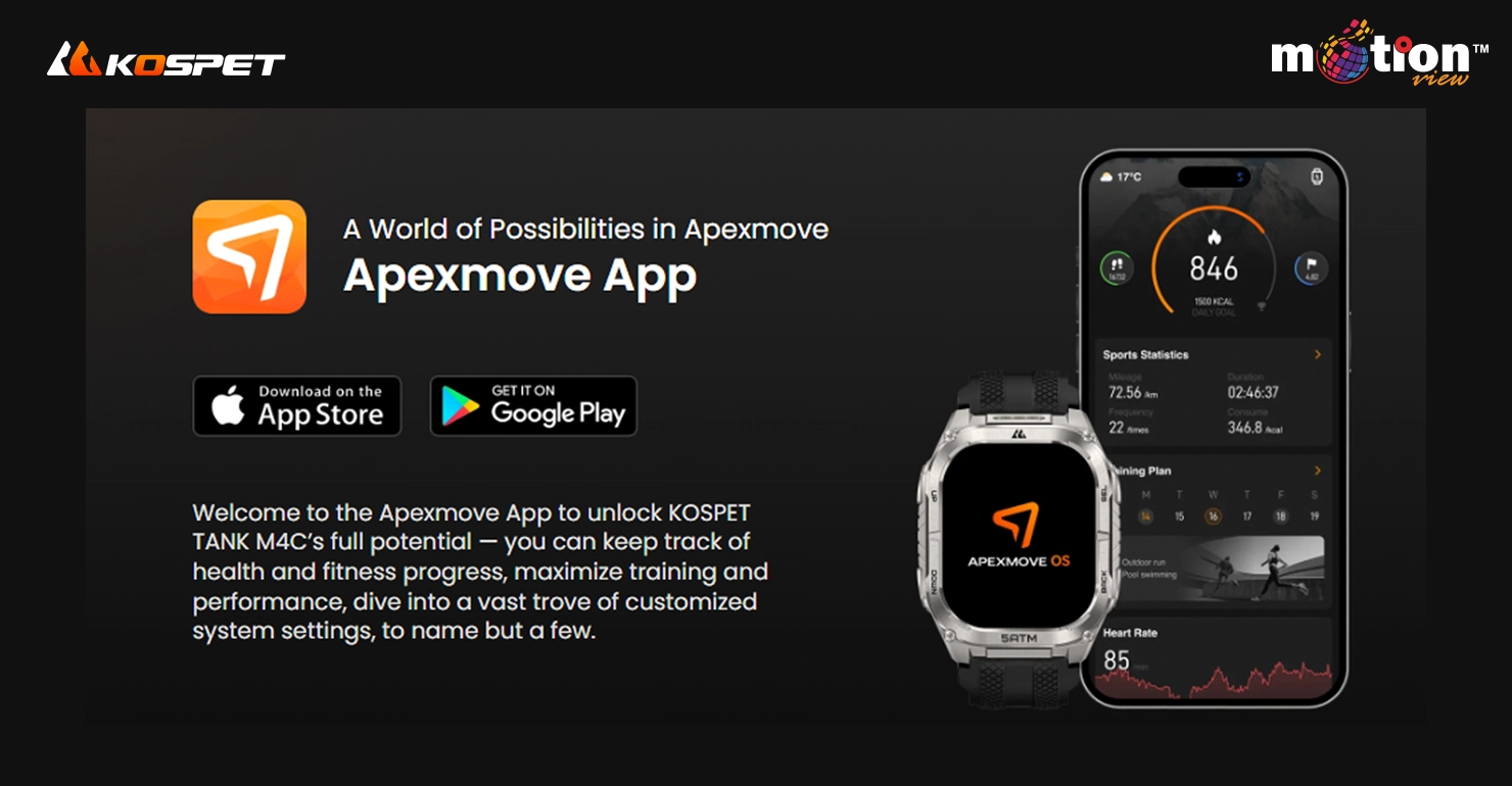 KOSPET TANK M4C Smartwatch paired with the Apexmove App on a smartphone for advanced fitness tracking