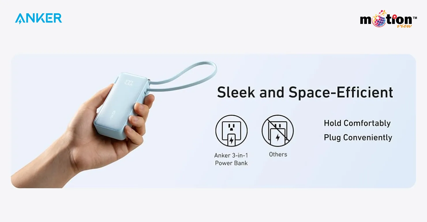 A hand comfortably holding the sleek Anker 10K Fusion Power Bank A1637, with a diagram showing its space-efficient wall plug design that doesn't block adjacent outlets
