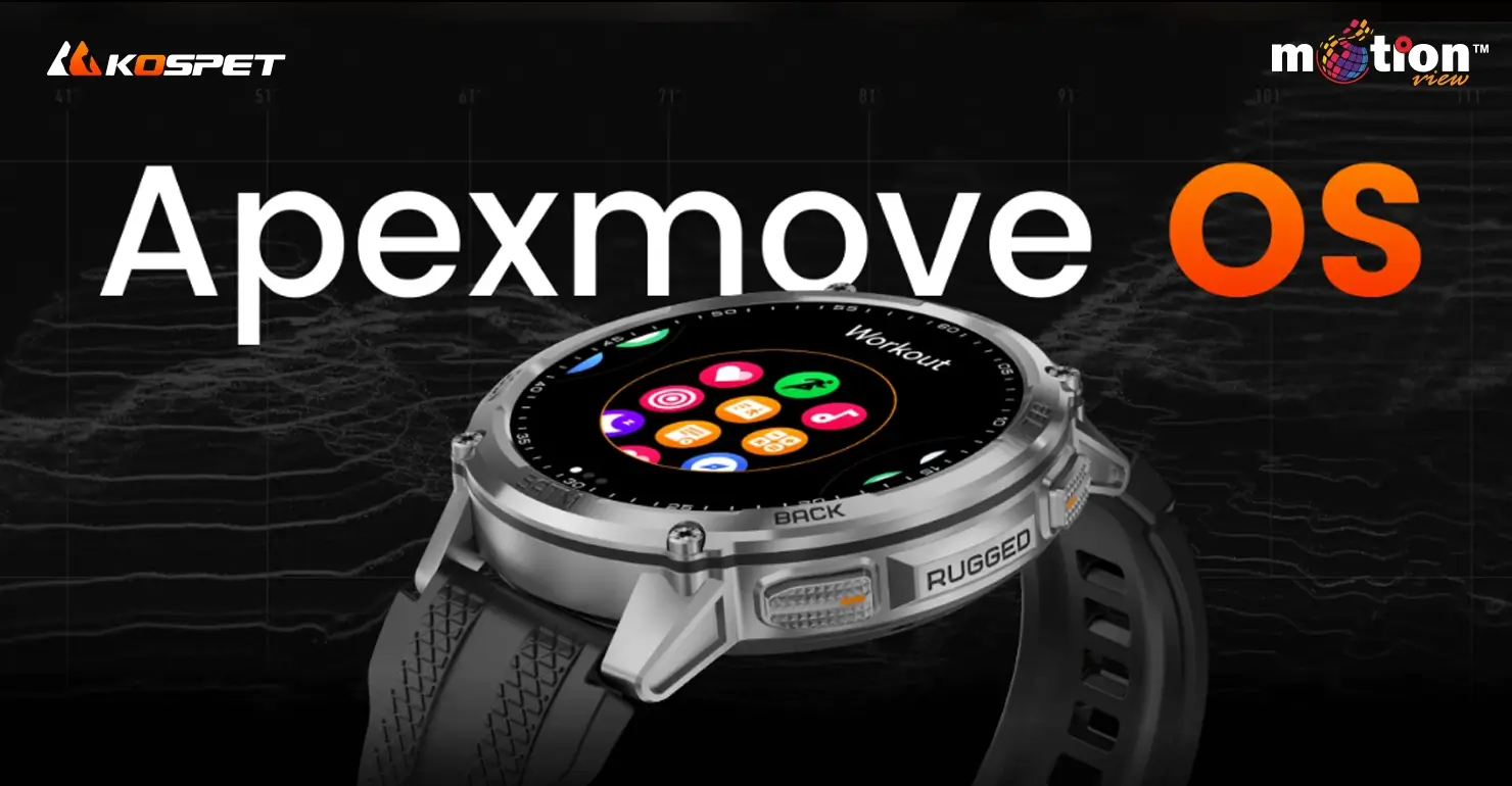 KOSPET Tank T4C smartwatch with Apexmove App on smartphone screen showing fitness statistics