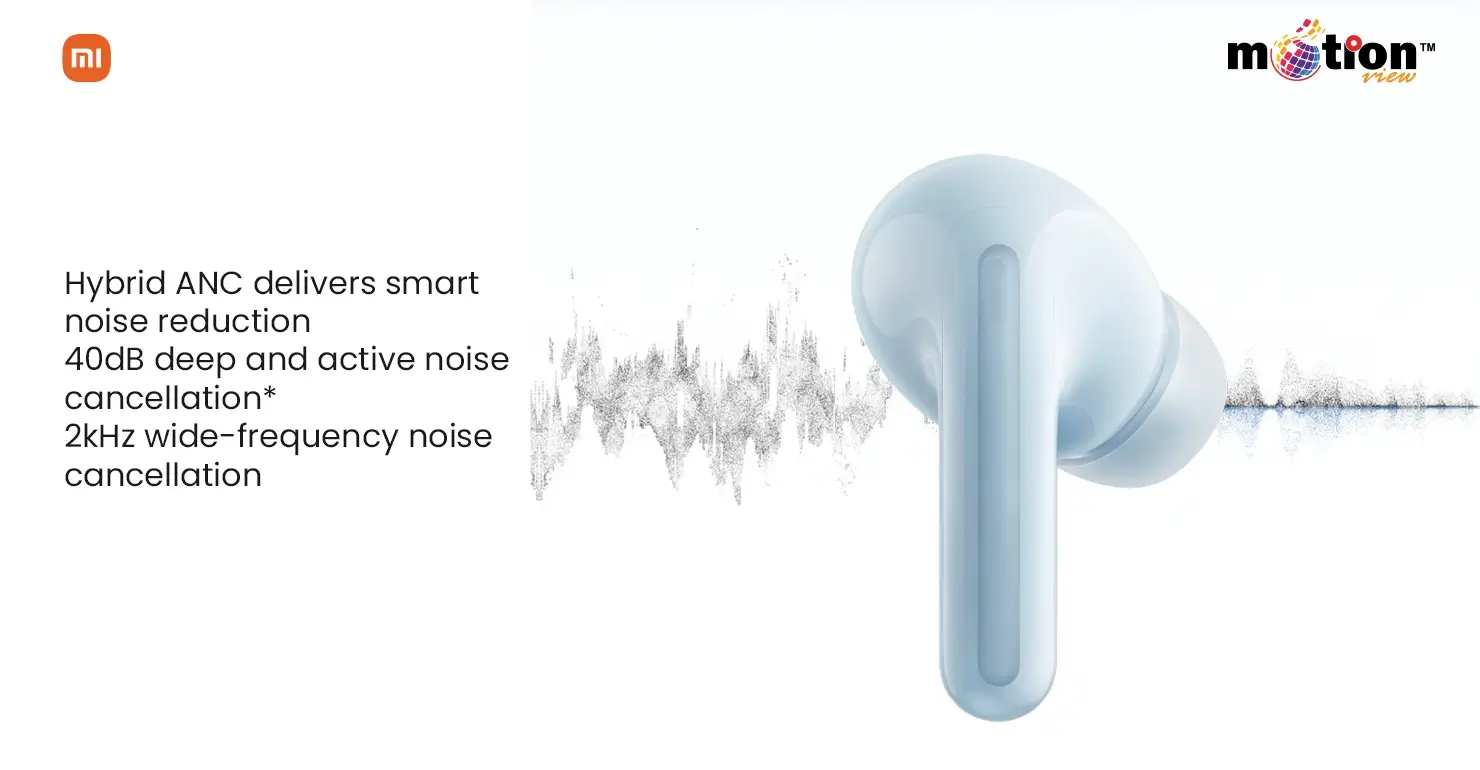 Redmi Buds 6 Lite Hybrid ANC demonstrating 40dB deep active noise cancellation and wide-frequency reduction.