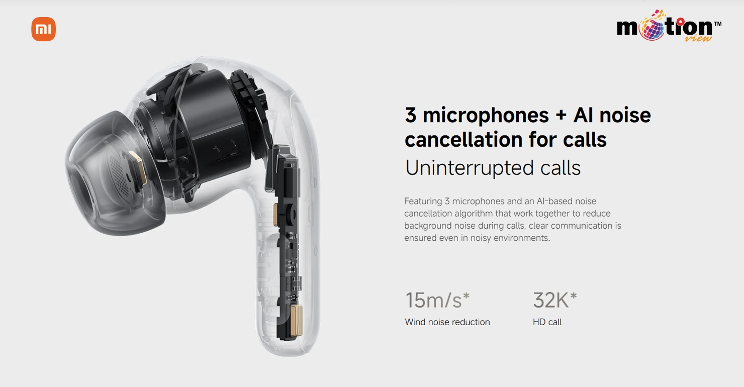 Three microphones and AI noise cancellation system in Xiaomi Buds 5 Pro for clear calls and wind noise reduction.