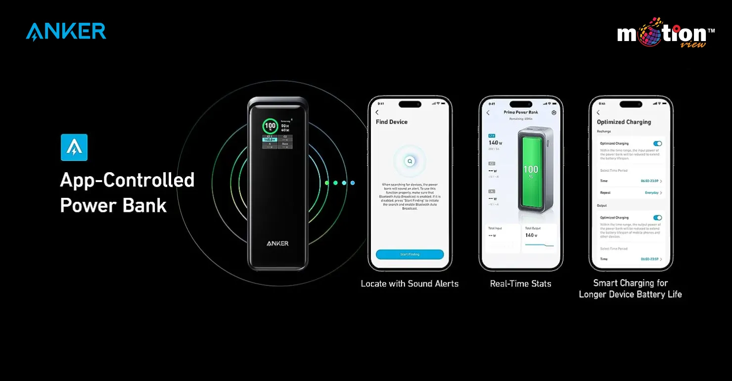 Anker companion app interface screens demonstrating smart features for the Prime 27K including sound alerts, real-time stats, and optimized battery charging
