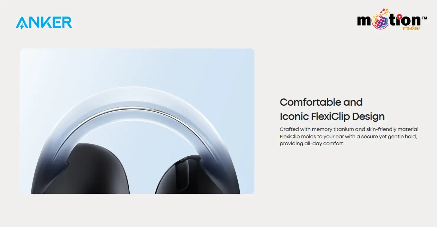 Close-up of Soundcore C50i FlexiClip design featuring memory titanium and skin-friendly material