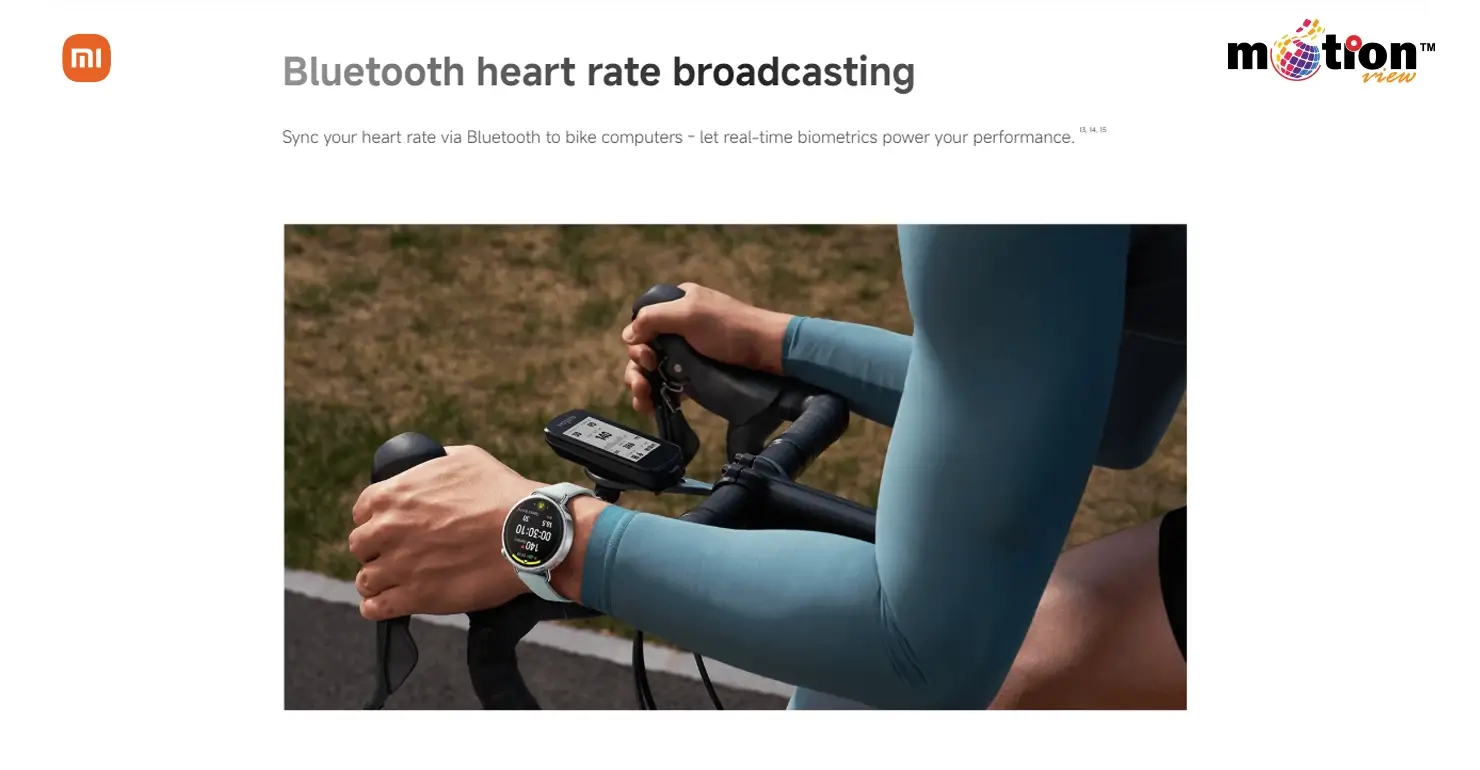Xiaomi Watch S4 41mm Smart Watch syncing real-time biometrics to a bike computer via Bluetooth heart rate broadcasting.