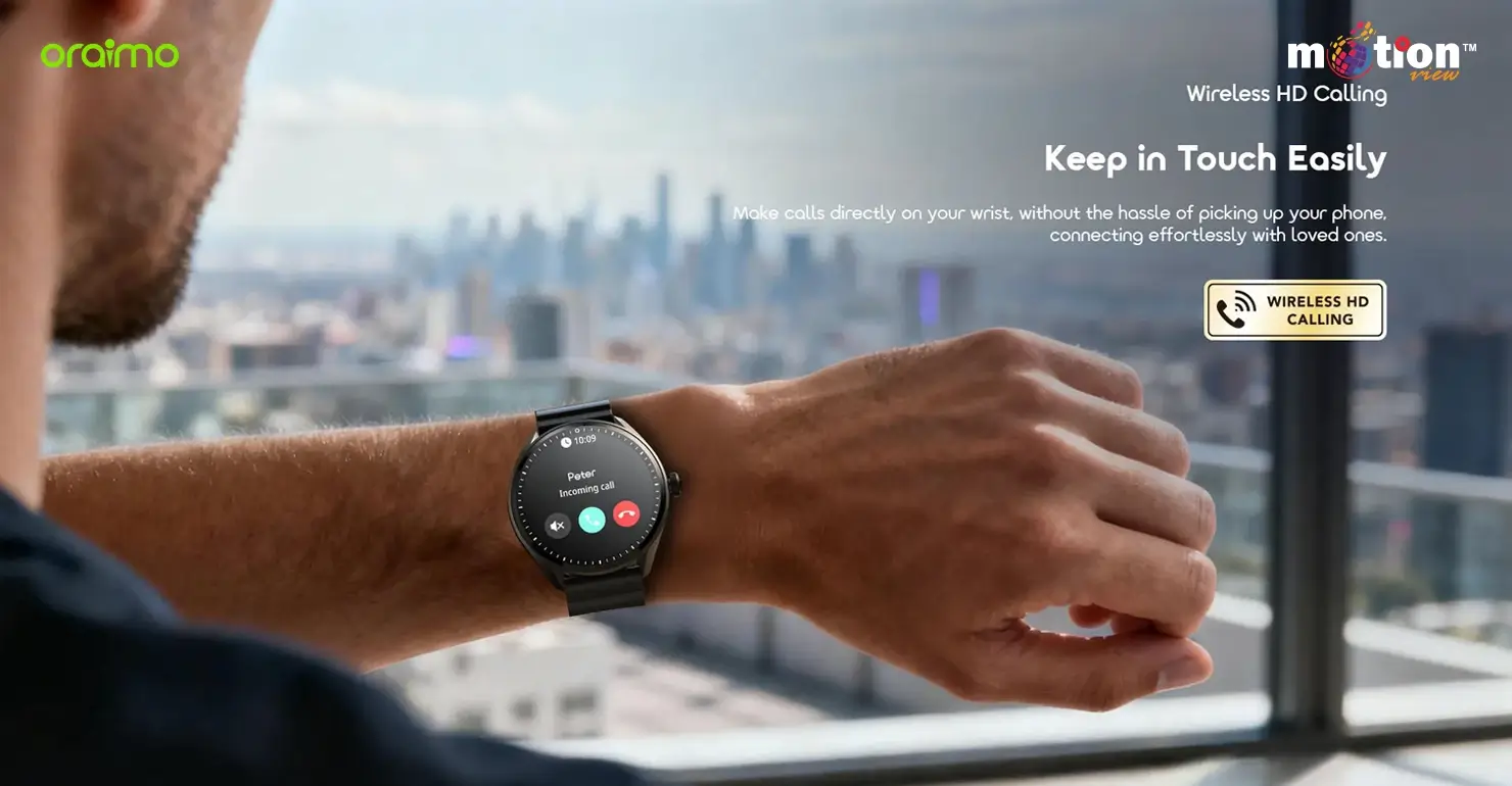 Man looking at his wrist to use the wireless HD calling feature on the oraimo Watch Nova 2R Lite OSW-824 smartwatch