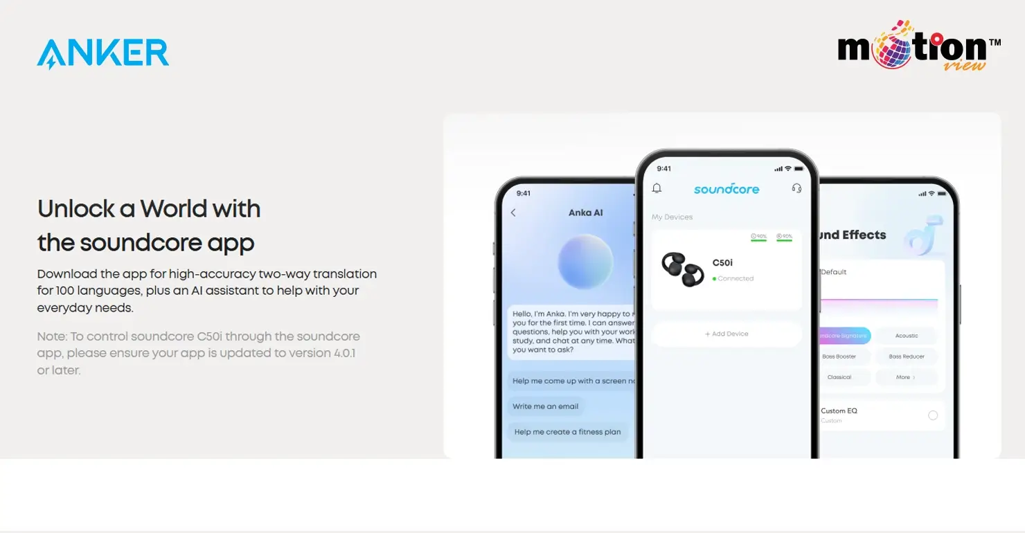 Soundcore mobile app interface showing EQ settings and AI assistant controls for C50i earbuds
