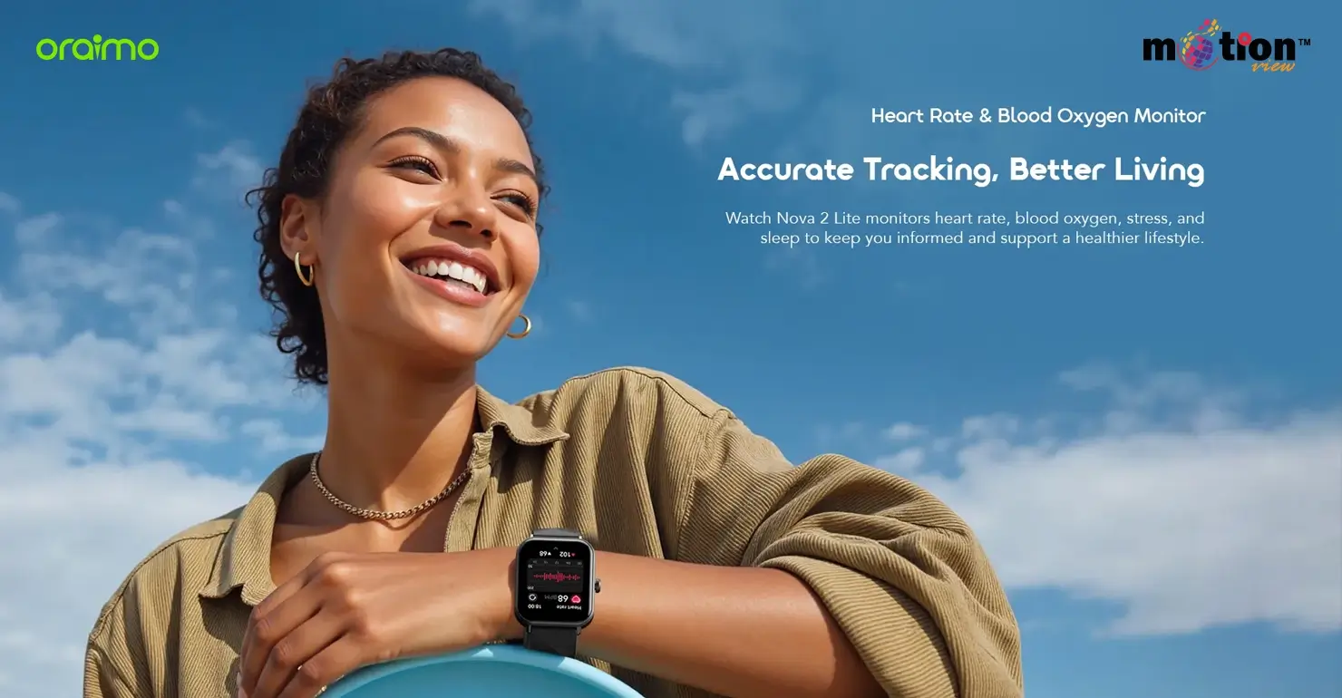 Smiling woman wearing the oraimo Watch Nova 2 Lite OSW-814L to accurately track heart rate, blood oxygen, and daily health metrics